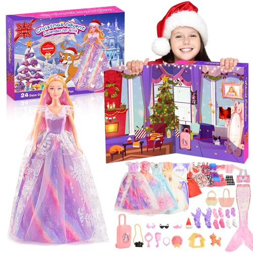 Adventskalender 2024 Kinder Mädchen, HappyGoLucky Geschenk Mädchen 3 4 5 6 7 8 9 10 11 Jahre Spielzeug ab 3-8 Jahre Mädchen Weihnachts Geschenke für Mädchen Weihnachtskalender Kleidung für Puppe