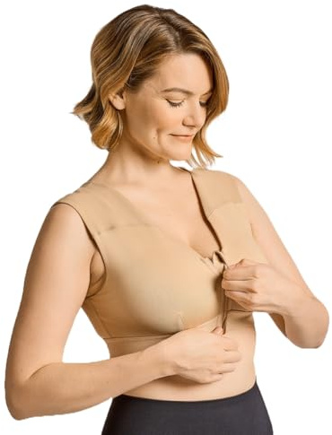Tommie Copper Shoulder Support Compression Bra with Front Zipper Closure - Wireless Posture Corrector & Back Support Bra, Ideal for Gardening, Yoga, and Sports, UPF 50 - Nude, XX-Large