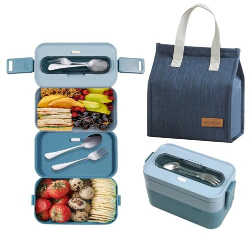Resszo Bento Lunch Box Kit, 1600 ml Double Couche Boite Repas avec Couverts + Sac Isolant, Anti Fuite Bento Box pour Pique-Nique, Travail, Goûter, Boîte à Lunch Micro Ondes