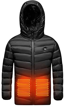 Veste Chauffante Enfant Garçons et Filles USB à Capuche - 3 Températures Réglables - Manches Longues - Idéale Gilet Chauffant avec Zips Vêtement Lavable Doudoune Chasse Enfants Homme Hiver 4-15 ans