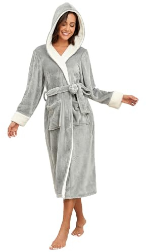 RONGTAI Peignoir à capuche en polaire douce pour femmes avec capuche, robe de nuit épaisse, robe longue en peluche avec deux poches latérales et ceinture, gris, XL