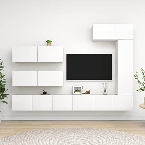 Sufrk 7 st vit spånskiva TV-skåp, TV-ställ för vardagsrum, TV-bänk med hylla, enkel montering