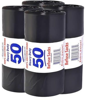 80L Black Bin Bags | Heavy Duty Plastic Refuse Sacks, 50 Bags Roll | 100% Recycled Material, Kitchen Home Office Garden | Pack of 4