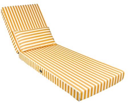 Déco Arts Coussin Bain de Soleil 190x60x10 cm avec Têtière — Matelas Transat Déhoussable Déperlant Anti-UV — Tissu Premium 270 g/m² Oeko-TEX — Coussin Chaise Longue Jardin — Rayure Jaune