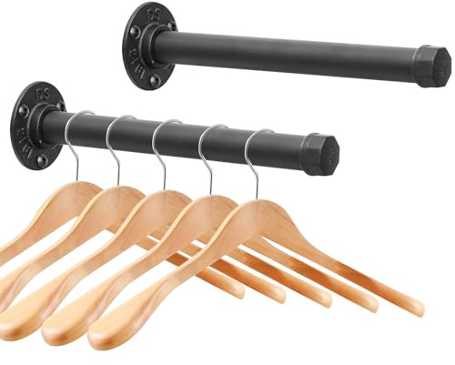 Cast Iron Wall Mounted Clothes Rack, Heavy Duty Industrial Pipe Clothing Rack for Hanging Clothes, Garment Racks for Wardrobe Organizers and Storage, DIY Closet Rods Closet Bar (Black 2 Pack, 12 in)