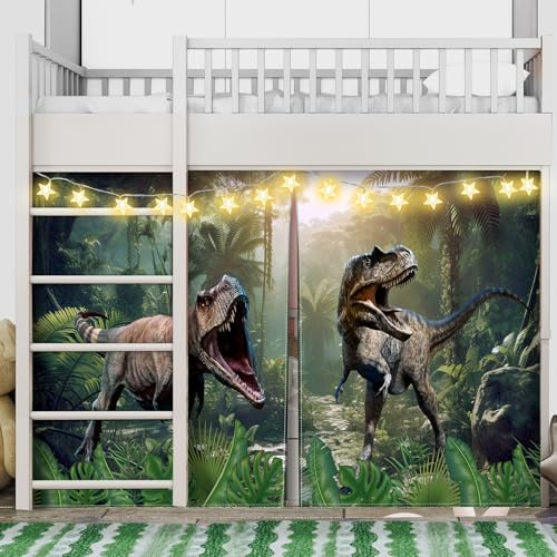 Hahafelt Dinosaur Loft Bed Tent Curtain Set for Low Twin, Bunk Bed Curtains with Enchanting Star Lights Play Gifts Tent Party Decoration for Indoor & Outdoor