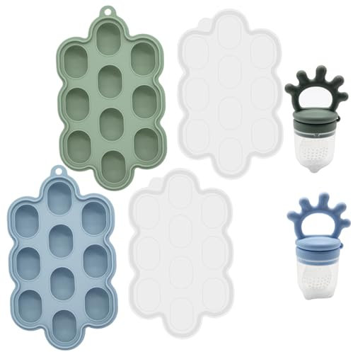 Contenedores de alimentos para bebés, bandeja de congelador de alimentos para bebés con alimentador de frutas 4 piezas/set 10 almacenamiento de cuadrícula con lavavajillas de microondas flexibles de