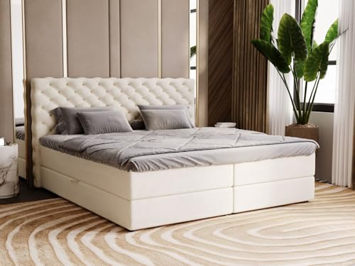 GRAINGOLD Bergamo Lit 160x200, Boxspring avec Coffre de Rangement, Rembourré avec Matelas à Ressorts Bonell, Lit Double, Tissu en Velours, avec Surmatelas, avec Tête de Lit (Beige, 160x200)