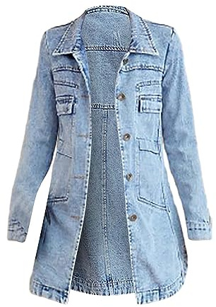 Generisch Giacca di jeans da donna, lunga, in denim, casual, jeans trench, slim fit, streetwear, giacca da donna per le mezze stagioni, a maniche lunghe, con bottoni, in denim, taglie grandi, per il