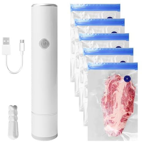 Vuoto manuale con 5 sacchetti sottovuoto riutilizzabili, mini macchina sottovuoto per la conservazione degli alimenti, senza fili, macchina sottovuoto portatile con 65 kPa di aspirazione per casa