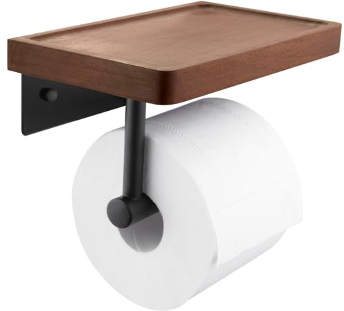 Toilet Roll Holder with Solid Walnut Wood Shelf, Wall Mounted | Natural Solid Walnut Wood Shelf with a durable, rustic design, ideal for bathrooms, RVs and guest toilets.