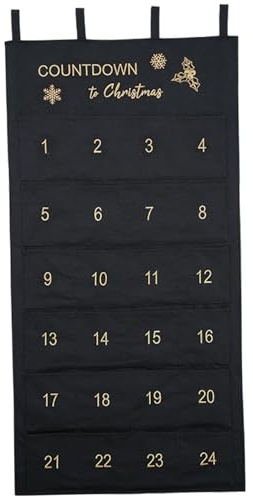 Julhängande adventskalender 61 x 117 cm 24 väskor tyg jul nedräkningskalender, löv och snöflingedesign, vägghängande för semester heminredning svart