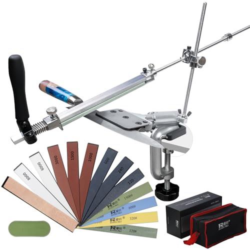 CWOVRS Messerschärfsystem, RX-008 Messerschärfer Profi Edelstahl, 360° Flip Drehung mit festem Winkel, Präzise Upgrade Slider, Küchenchef Messerschleifer, 12 Schleifsteine Set