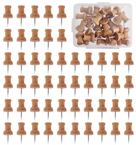 50 Pack 23mm, Wooden Push Pins – Natural Wood, Solid Wood Head for Cork Board, Bulletin Board, School, Office, Home Use (Coffee Brown)