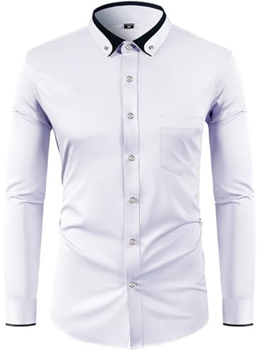 Generico Camicia Uomo Elegante Manica Lunga Formal Business Cerimonia Ufficio Slim Fit Classica No Stiro Cotone Casual con Bottoni Colletto Regular Tasca Facile da Lavare