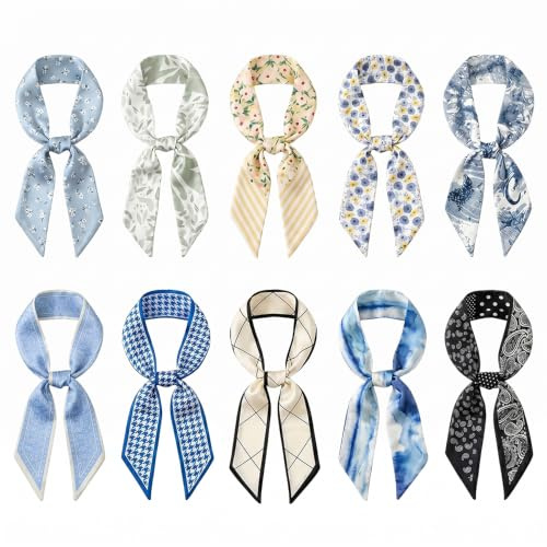 Yunmoli 10 Pcs Womens Skinny Scarf Silky Satin Neck Tie Hair Band Ribbon, 86x6cm Long Neckerchief Handbag Handle Wrap Wristband for Ladies Office Daily Wear Party