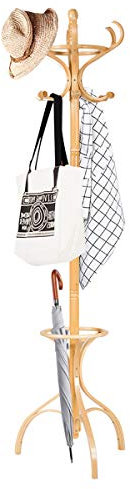 COSTWAY 182cm Garderobenständer Holz, Jackenständer mit 12 Haken, Kleiderständer mit Schirmständer, Garderobe Standgarderobe (Natur)