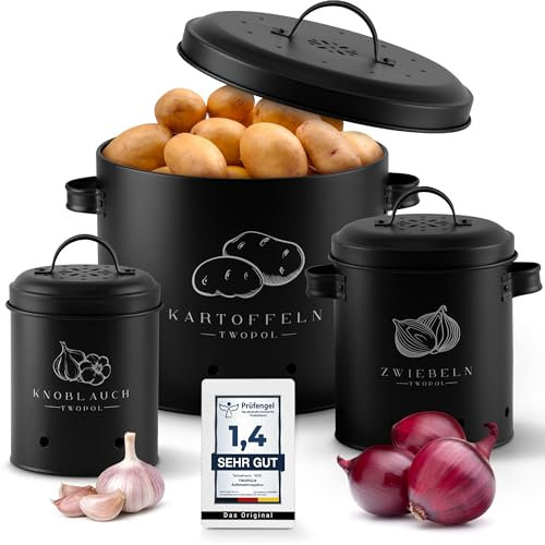 TWOPOL® Kartoffel Aufbewahrungsbox [3er Set]-mit 360°Luftzirkulation hält Gemüse länger frisch-der ideale Weg für Zwiebel Aufbewahrung Kartoffel Aufbewahrung und Knoblauch Aufbewahrung (Schwarz)(Wien)