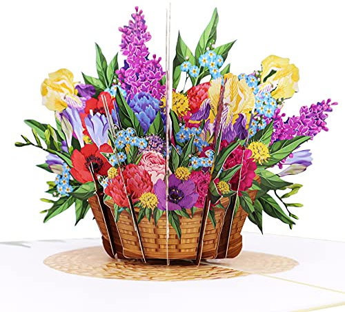 MOKIO® Biglietto Fiore Pop-Up – Cesto di Fiori colorati – Biglietto regalo 3D per un compleanno, come buono o per un regalo in denaro, Biglietto di auguri floreale con busta