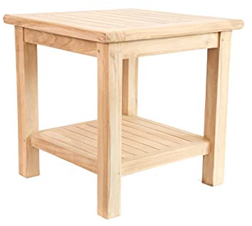 Mediablue Beistelltisch Blumen Hocker Teak Holz Balkontisch Tisch für Bad Terrasse Balkon Garten wetterfest stabil unbehandelt 50 x 50 cm Natur
