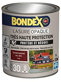 BONDEX - Lasure Opaque Très Haute Protection - Protège et Décore - Direct tous bois - Rendu parfait sans trace - 1 L - Rouge Basque RAL 3004