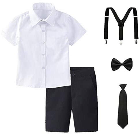 amropi Ragazzi Completini e Coordinati Bambino a Maniche Corte Camicie e Pantalocini e Cravatta Bianco Nero, 5-6 Anni
