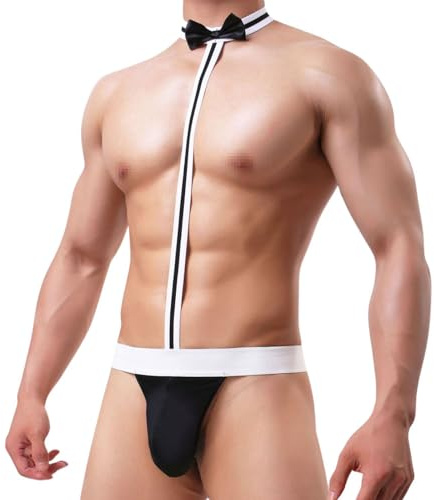 Tanga Sexy Suspensorio Hombre Ropa Interior Tirantes Corbata Borat Mankini Hot, Slips Cosplay Camarero Halter,Traje Baño Playa Jockstrap Calzoncillos Transpirable Thong para Fiesta Halloween (Negro)