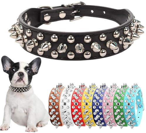 Spikade hundhalsband, nackrem läder punk nit valphalsband dubbad hållbar justerbar för små medelstora hundar svart M