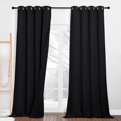 PONY DANCE Schlafzimmer Gardinen und Vorhänge Schalldämmend 2 Stücke H 240 x B 132 cm Dreilagiger Vorhang Blickdicht Thermogardine gegen Hitze Verdunklungsvorhänge mit Ösen, Schwarz
