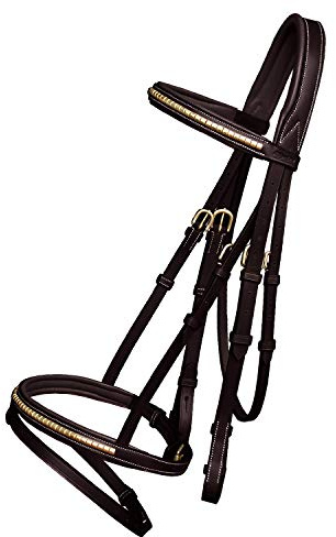 Exion English Jumping Bridle with Flash – Anatomical Padded Headpiece & Brass Clincher Studded Browband & Noseband – Premium Leather Horse Bridle with Contrast Stitching & Rubber Reins – Pony to Full