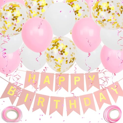 Happy Birthday Banner, Pink Birthday Decoration, 16 pcs 12 inch Happy Birthday Balloons with 2 Ribbons for Girl and Women Birthday Party Decoration