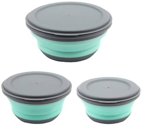 MEMOFYND Lot de 3 bols pliables en silicone, bols frais, saladiers, bols de camping, boîtes à lunch rondes, pliables avec couvercle pour la maison, la cuisine, le camping (vert)