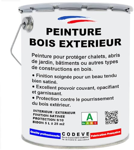 Peinture Bois Exterieur - Codeve Bois/Ral 9010 - Blanc Pur - 5 L - Intérieur/extérieur - Extérieures Pour La Protection D'un Chalet, Abri, Garage, Cabane.