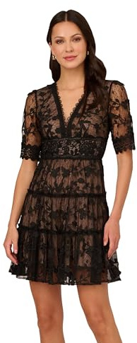 Adrianna Papell Women's Lace Embroidered Dress | Special Occasion Dress with Floral Embroidery & Tiered Short Skirt,Black/Nude,16