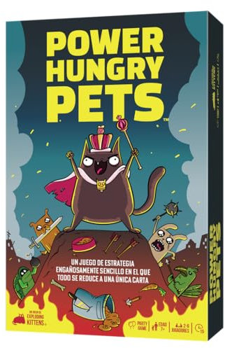 Exploding Kittens Power Hungry Pets | täuschend einfaches Strategiespiel, bei dem Alles auf eine einzige Karte reduziert Wird, ab 7 Jahren, 2 bis 6 Spieler, 15 Min. pro Spiel, Spanisch