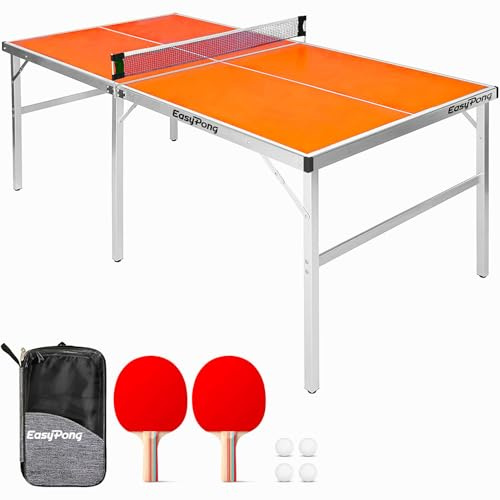 Original Cup EasyPong | Mesa de Ping Pong Naranja | 182x91cm Fácil de Transportar | Estable | Ideal para Exterior e Interior | 2 Raquetas + 4 Pelotas | Tenis de Mesa | 100% diversión