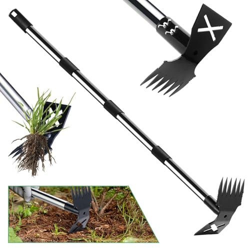 Râteau Manuel 2 en 1 et houe de Jardin,Extracteur de Mauvaises Herbes avec Long Manche de 150 cm,Outil de Jardinage pour Déraciner,Multifonctionnelle Houe pour Jardinage,pour Cour,Pelouse,Terrasse