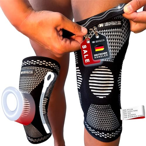 Kniebandage HEALTH & FIT – Kompressions-Knieschoner mit Gel-Pad & Federstützen. Schmerzlinderung bei Meniskus, Arthritis & Bänderdehnung. XL