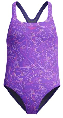 Speedo Girls Hyperboom Allover Medalist Swimsuit |Quick Drying | Fitness | Chlorine Resistant, Indigo Glow, 13-14