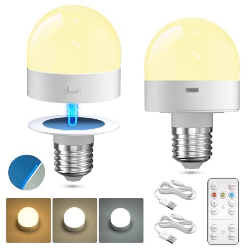 Lamptobe Lampadina Ricaricabile USB con Telecomando, 3 Temperature di Colore Dimmerabile Lampadine LED E27, Lampadina a Batteria, Base Staccabile, con Magnetica, Timer per Lampade Non Cablate 2 Pezzi