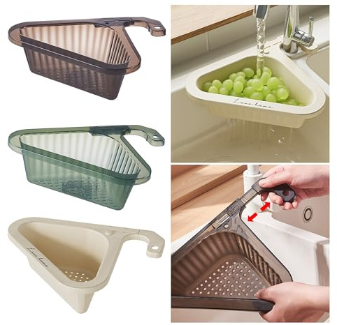 3 Pack Sink Colander Strainer Basket with Retractable Handle, Hanging Filter Draining Rack, Kitchen Sink Punch-Free Triangle Corner Strainer Basket for Vegetable Fruit Clean(Black, White, Green)