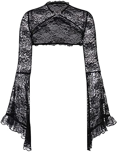 DINGJIUYAN Gothic Crop Tops Woman Y2K Fishnet Long Flare Sleeve Lace Short Shirt Harajuku Vintage Fairy Grunge Tops White Lady shurgs