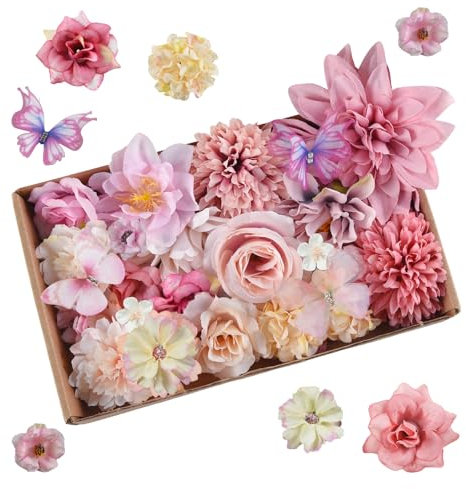 Joyblossom 35 Stück Rosa Kunstblumen zum Basteln, 3-10.5cm Seidenblumen Klein, Künstliche Blütenköpfe, Kunstblumen Frühling, für DIY Basteln Scrapbooking Hochzeit Brautstrauß Home Handwerk Deko, Rosa