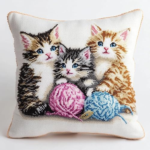 animale Kit per cuscino a punto croce,Un gruppo di gatti che giocano con una palla di lana,Cuscino per Punto Croce con,tela prestampata,filo e ago,Cuscino da Tiro DIY Ricamato Regali Kit,45x45cm