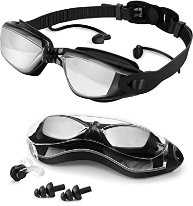 Kit Occhialini da Nuoto con Tappi per Orecchie UV per Adulti - Occhialini da nuoto protettivi UV con cinturino regolabile in silicone, adatti per uomini, donne e adolescenti, colore nero.