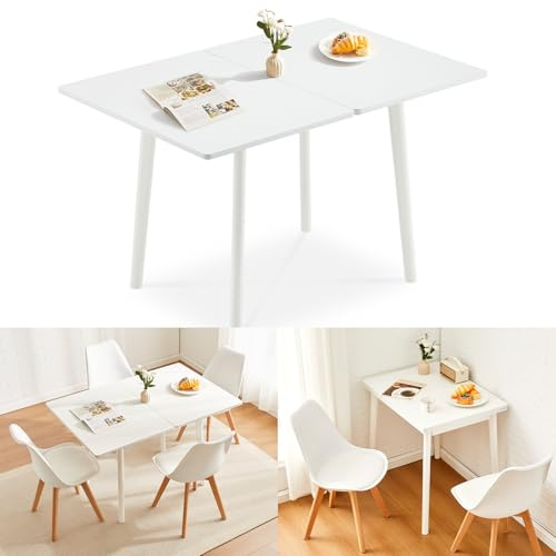 LEMROE Folding Dining Table, Wooden Flip-Top Dinner Tables Extendable 2-4 Seater, Round Edged, for Small Spaces, Kitchen, Dining Room, Modern Kitchen Furniture