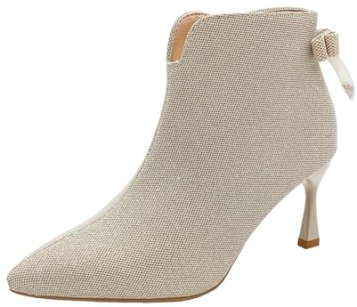 Xbemkste Botines para mujer con tacón de aguja puntiaguda, botas de tobillo elegantes con lazo brillante de caña corta, zapatos de boda para citas, fiestas, negocios, beige, 38.5 EU