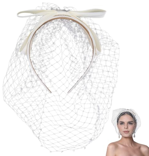 CABODYALS Serre Tête en Voile Beige avec Pince à Cheveux Style Vintage Élégant Nœud Papillon Accessoire pour Tête Style Fascinateur pour Femme Mariage Cosplay Halloween Goûter