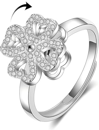 IMINI Four-Leaf Clover Spinner Open Ring, Silver Plated CZ Crystal Rotating Anxiety Fidget Band for Relief - Adjustable Stacking Flower Calming Jewellery Gift for Women (Silver)