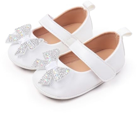 CENCIRILY Baby Girl Mary Jane Anti-Slip First Walking Dress Shoes | For 0-18 Months, Bow Decor, Synthetic Leather Upper, Soft Flexible Sole, Hook&Loop Strap, Ideal for Baptism Party